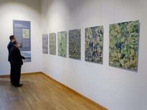 6 großformtige Luftaufnahmen hängen an der Wand und dokumentieren den Wandel der Landschaft