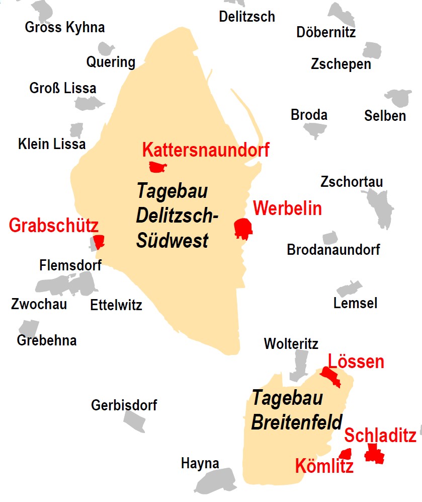 Karte mit den überbaggerten Orten im Bereich der Tagebaue Delitsch-Südwest und Breitenfeld (Quelle: LMBV)