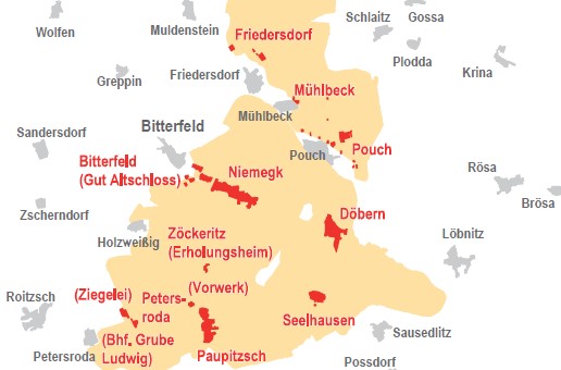 Karte mit den überbaggerten Orten im Bereich des ehemaligen Tagebaus Goitsche