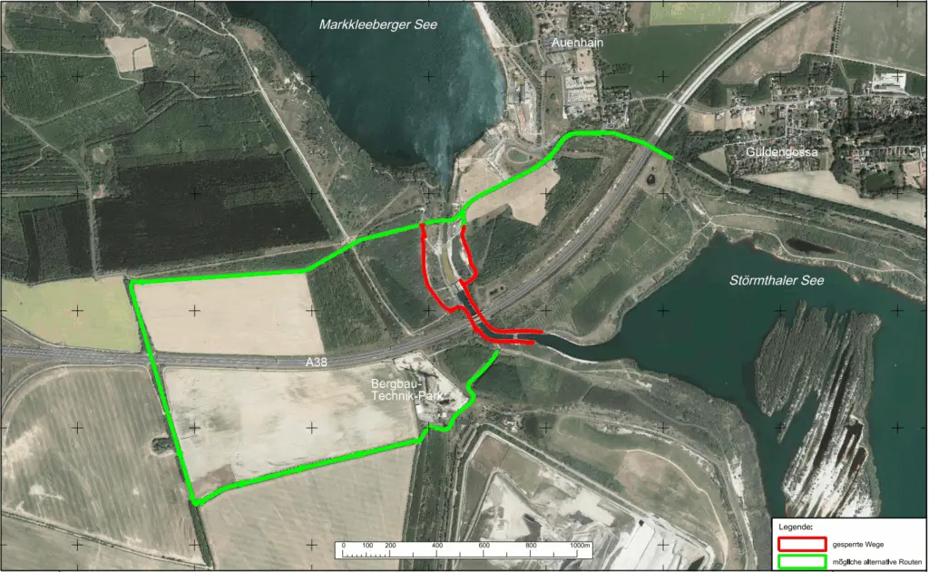 Die umfassenden Sicherungsmaßnahmen erfordern eine beidseitige Sperrung der Wege entlang des Störmthaler Kanals.