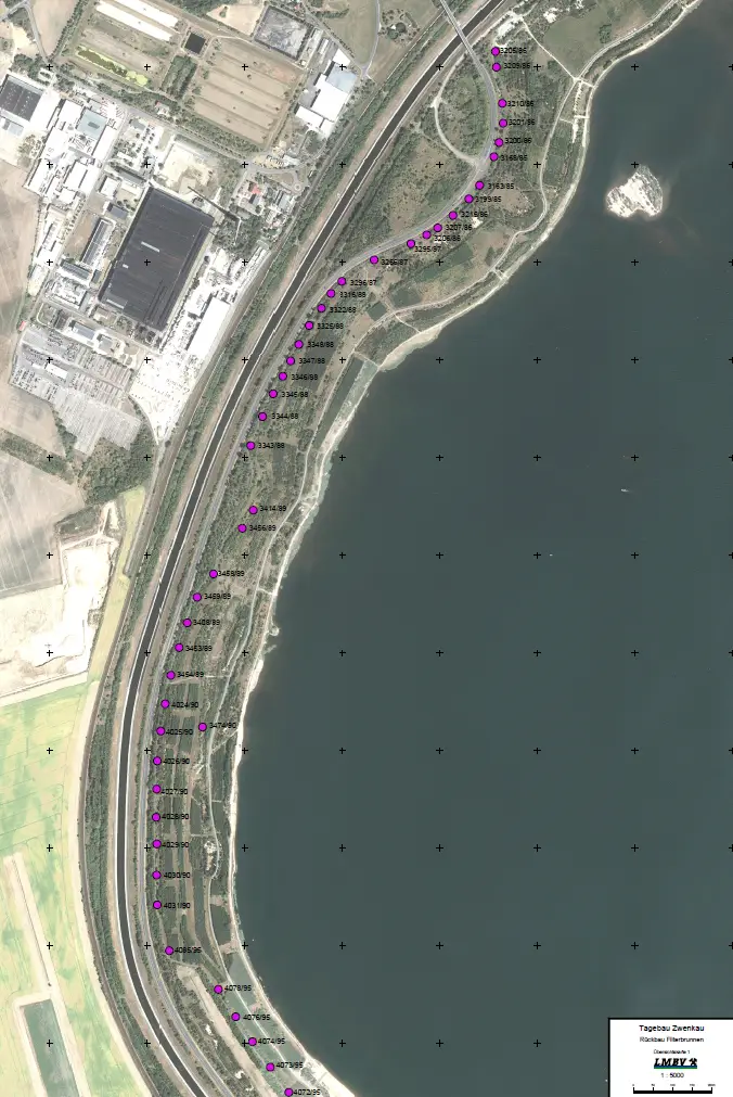 Die zu verwahrenden Filterbrunnen liegen am Westufer des Zwenkauer Sees.