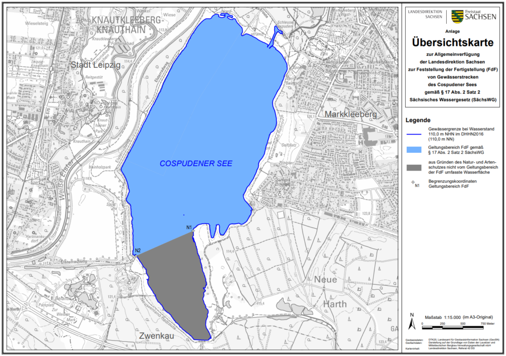 Uebersichteskarte zur Allgemeinverfuegung der LDS Sachsen zur FdF von Gewaesserstrecken des Cospudener Sees